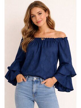 Michael Kors Off The Shoulder Navy Blue Floral Leaf pattern Ruffles Size S